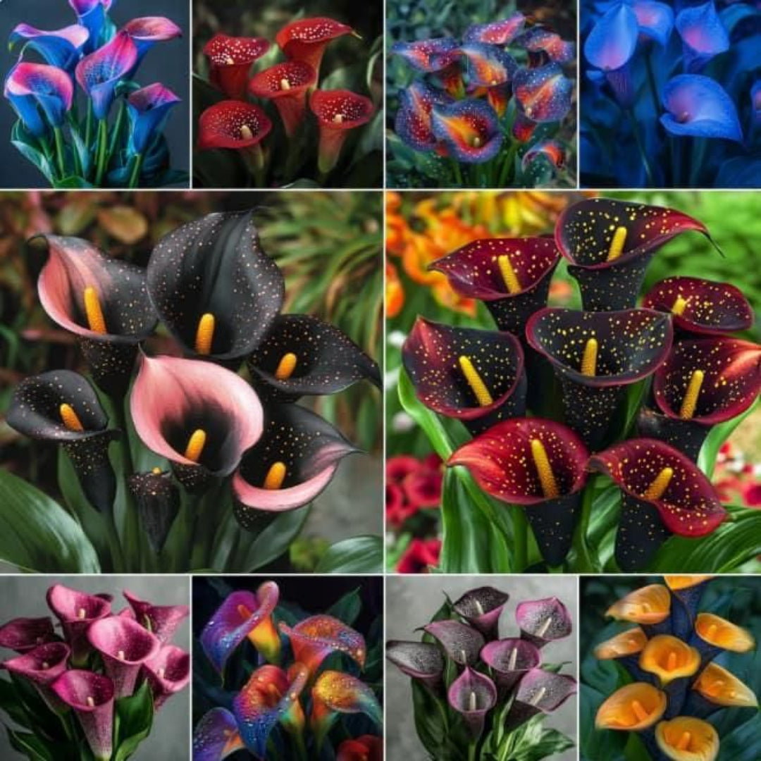 Collage of various calla lily flowers in different colors and lighting conditions.