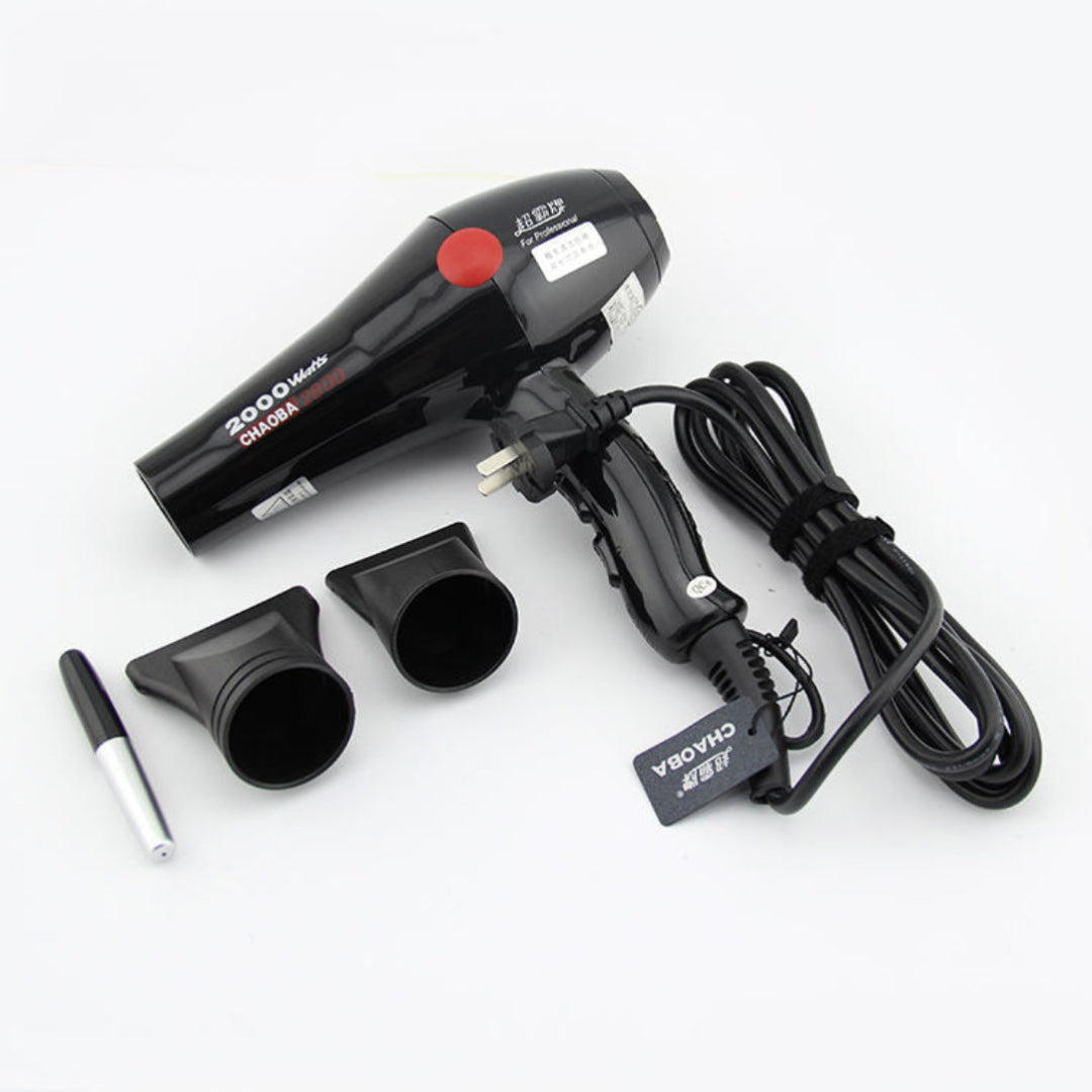 Black hair dryer with attachments on a white background