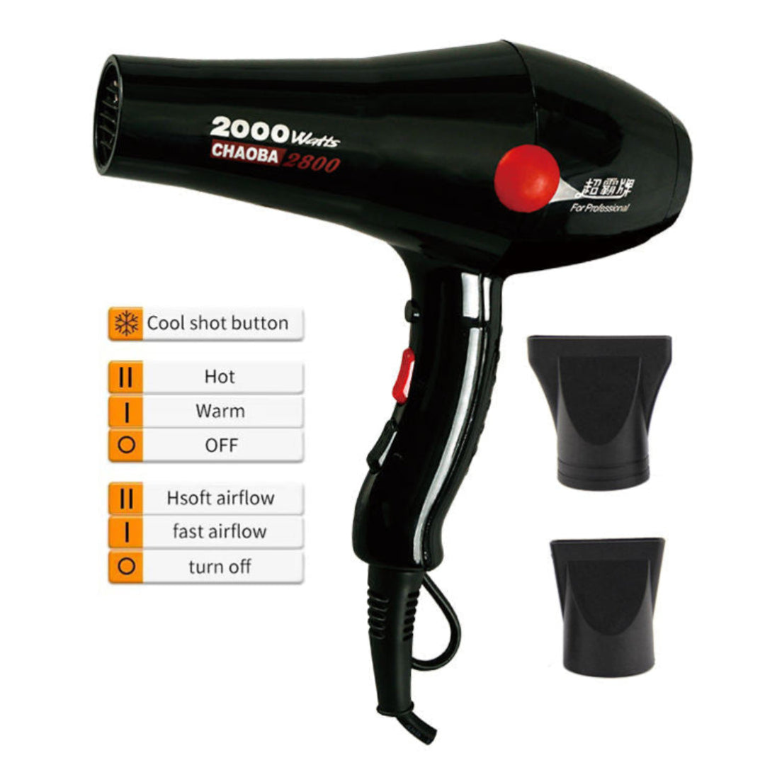 Black hair dryer with attachments on a white background