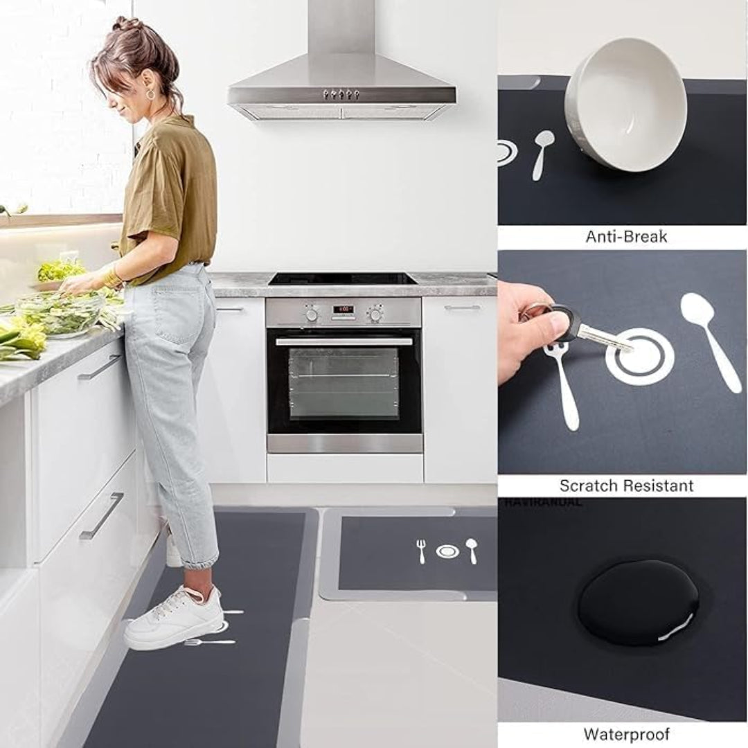 Woman in a kitchen with anti-break, scratch-resistant, and waterproof mats shown.