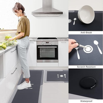 Woman in a kitchen with anti-break, scratch-resistant, and waterproof mats shown.