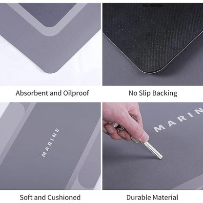 Gray mat with text highlighting its features on a white background