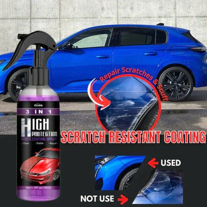 Car scratch repair spray with a blue car in the background