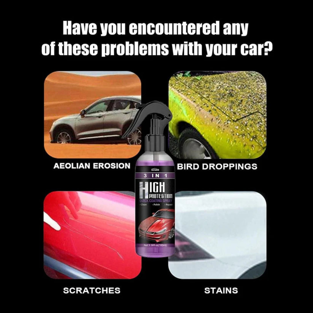 Car care product advertisement with images of car issues and a spray bottle labeled 'High 3 in 1'.