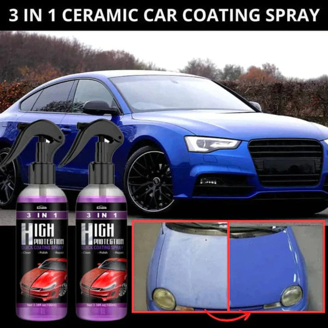 Blue car with 3-in-1 ceramic car coating spray bottles and a close-up of a car's hood.
