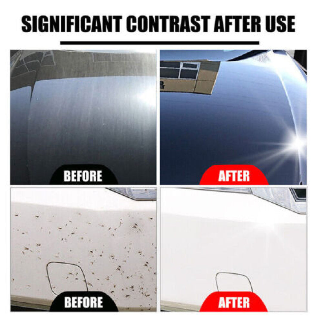 Before and after comparison of a car's windshield and bumper with significant contrast improvement.