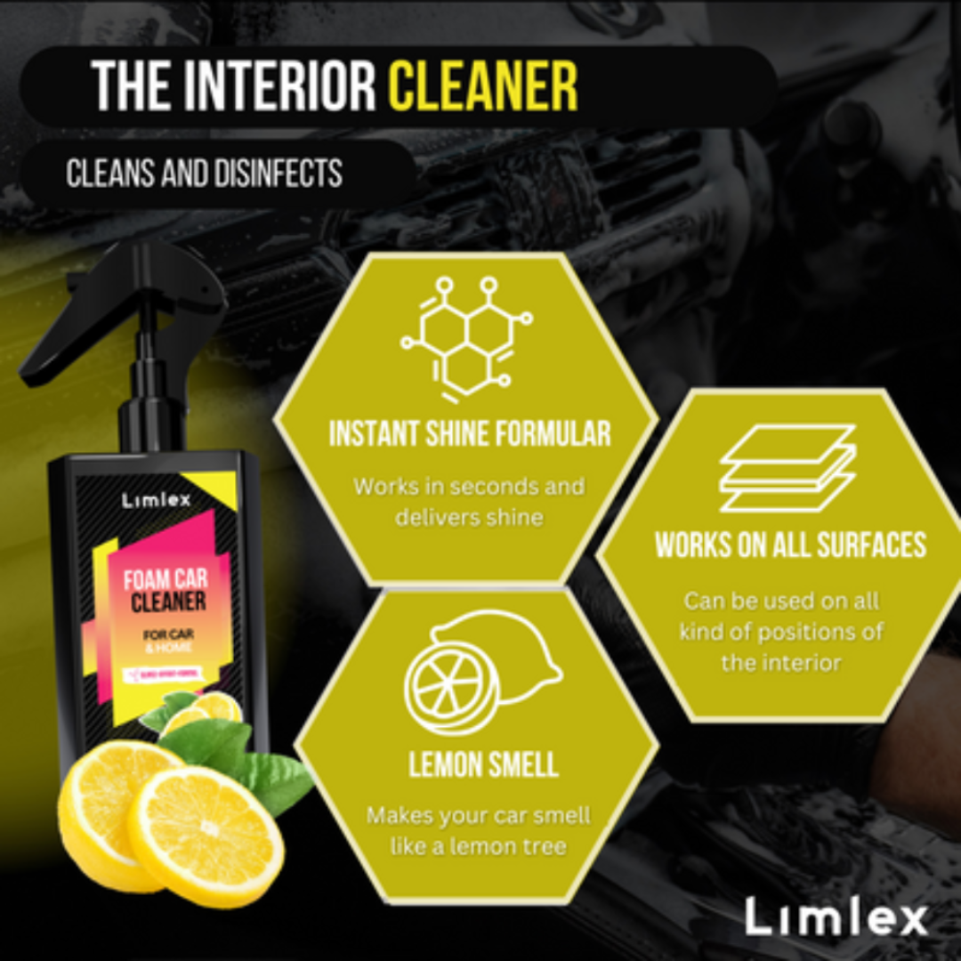 Limlex foam car cleaner with features highlighted on a dark background