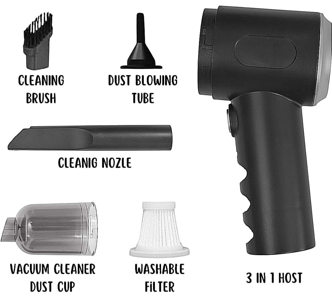 Black handheld vacuum cleaner with attachments on a white background