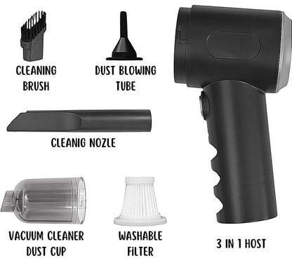 Black handheld vacuum cleaner with attachments on a white background