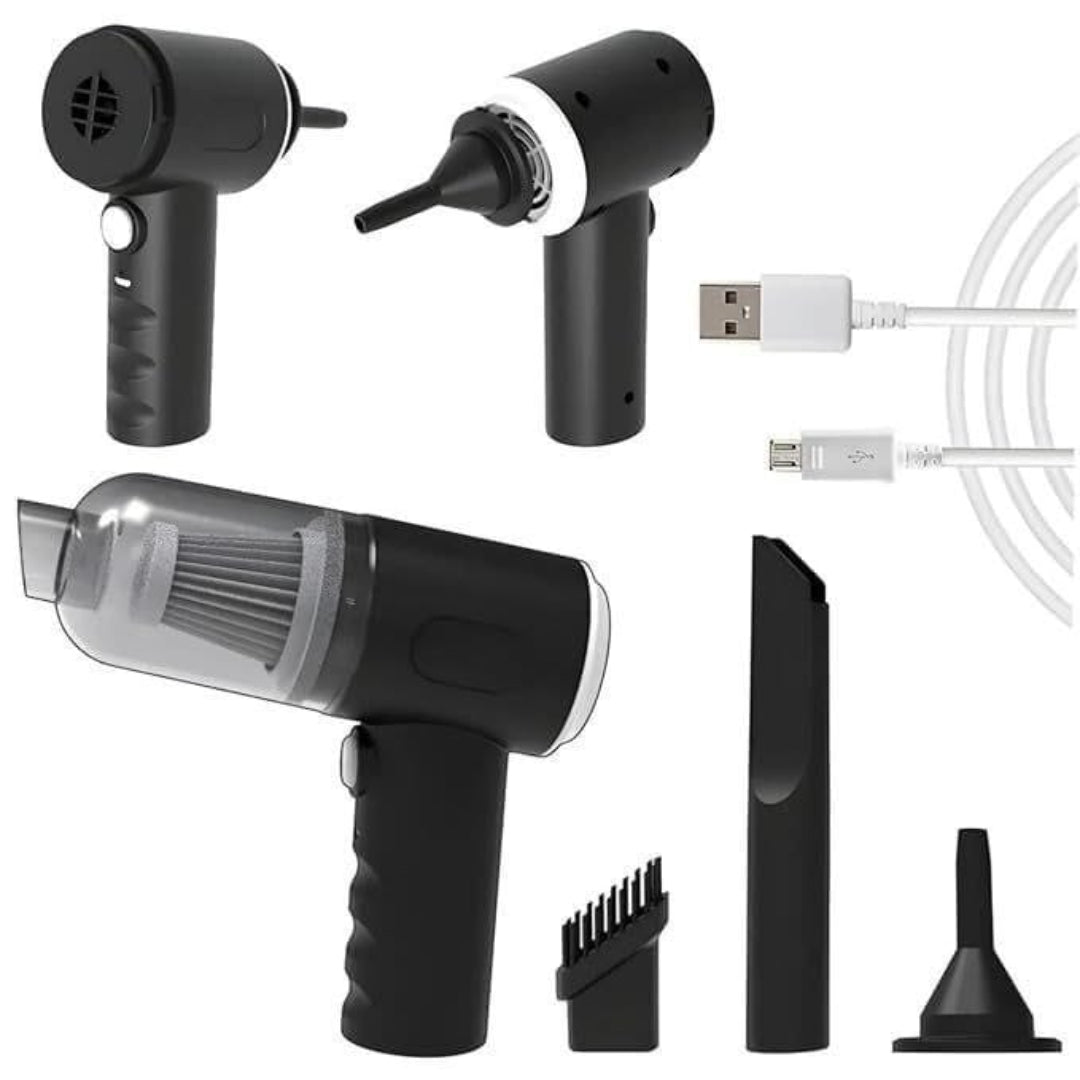 Set of black handheld cleaning tools with attachments and USB cable on a white background