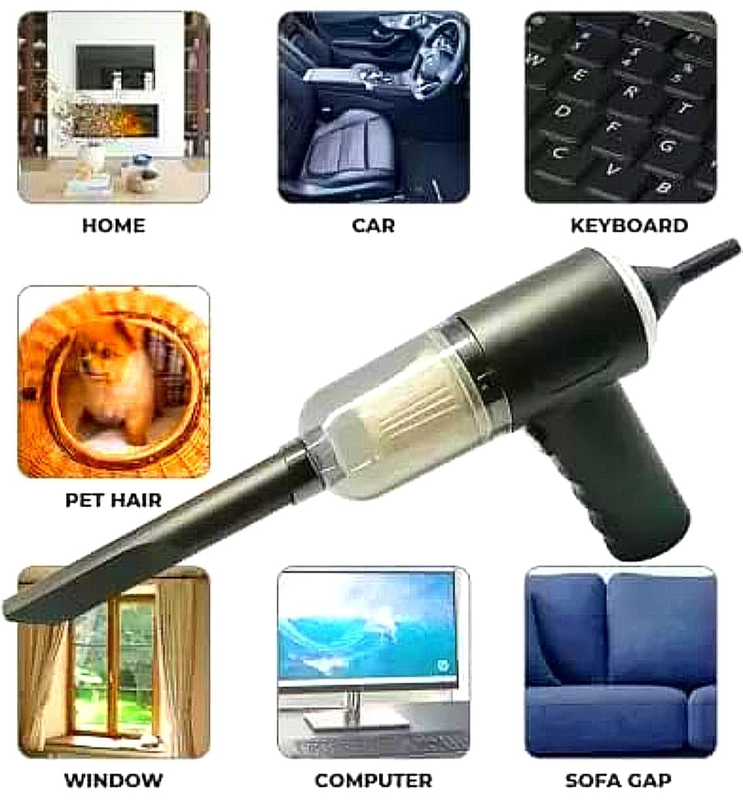 Handheld vacuum cleaner with various cleaning applications shown on a white background.