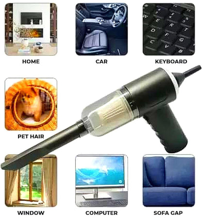 Handheld vacuum cleaner with various cleaning applications shown on a white background.