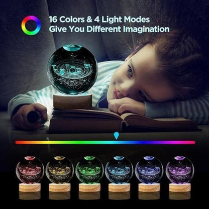 Child reading a book with a colorful light-up ball and six color options displayed below.