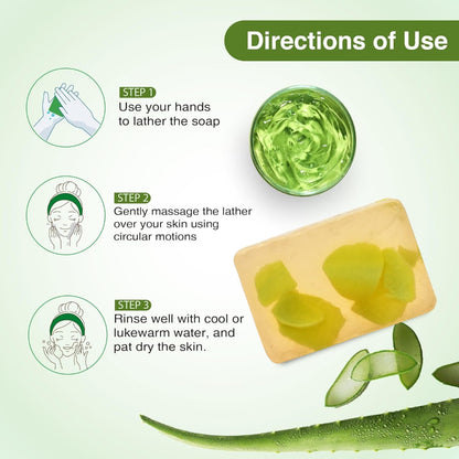 Instructions for using aloe vera soap with illustrations and text on a green background