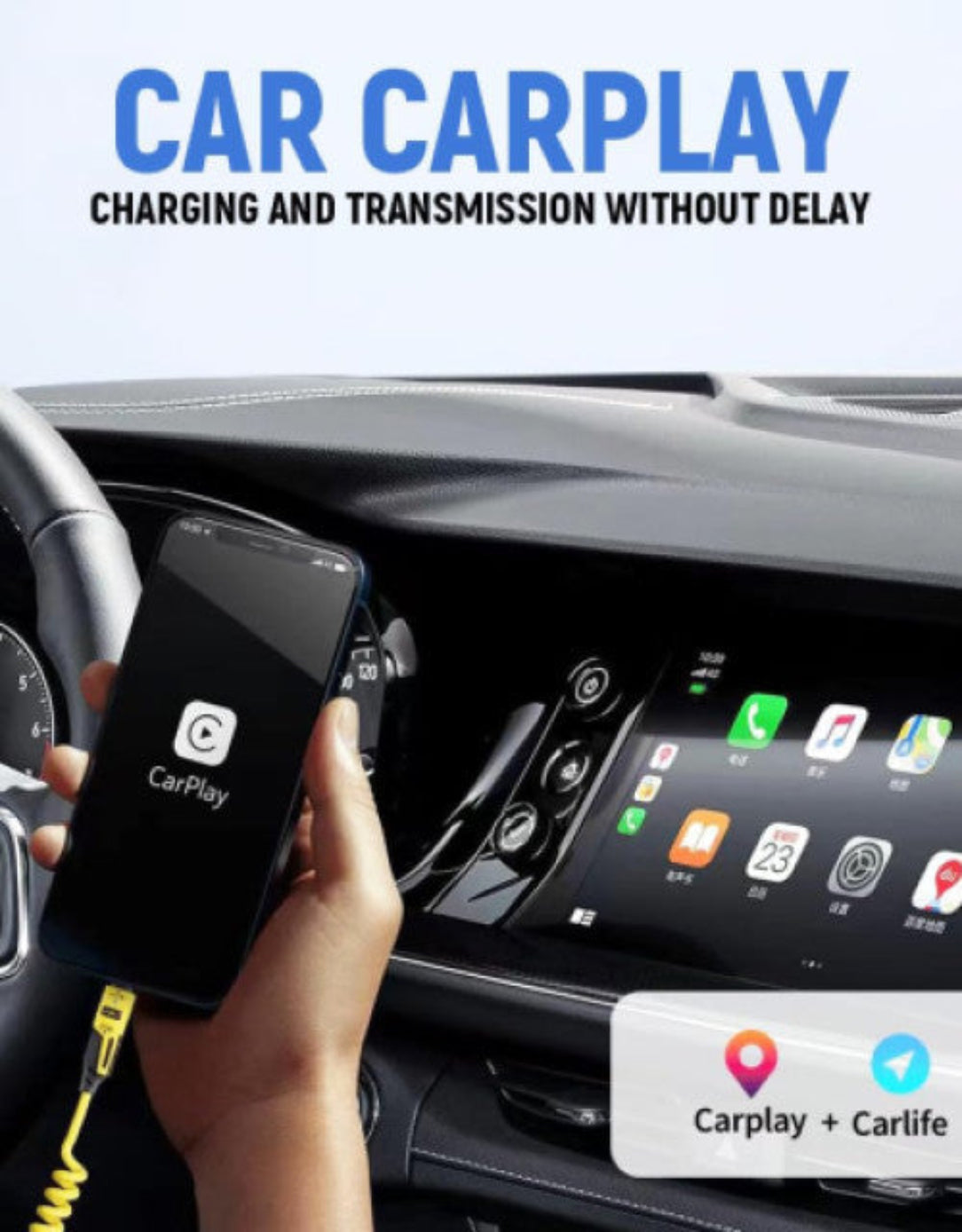 Car dashboard with smartphone connected to CarPlay, displaying 'Car CarPlay' text above.