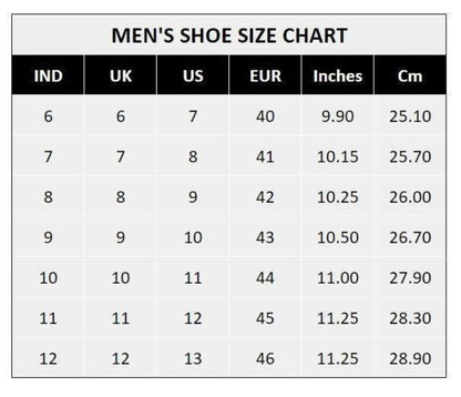 Men's shoe size chart converting between Indian, UK, US, EU, inches, and centimeters.