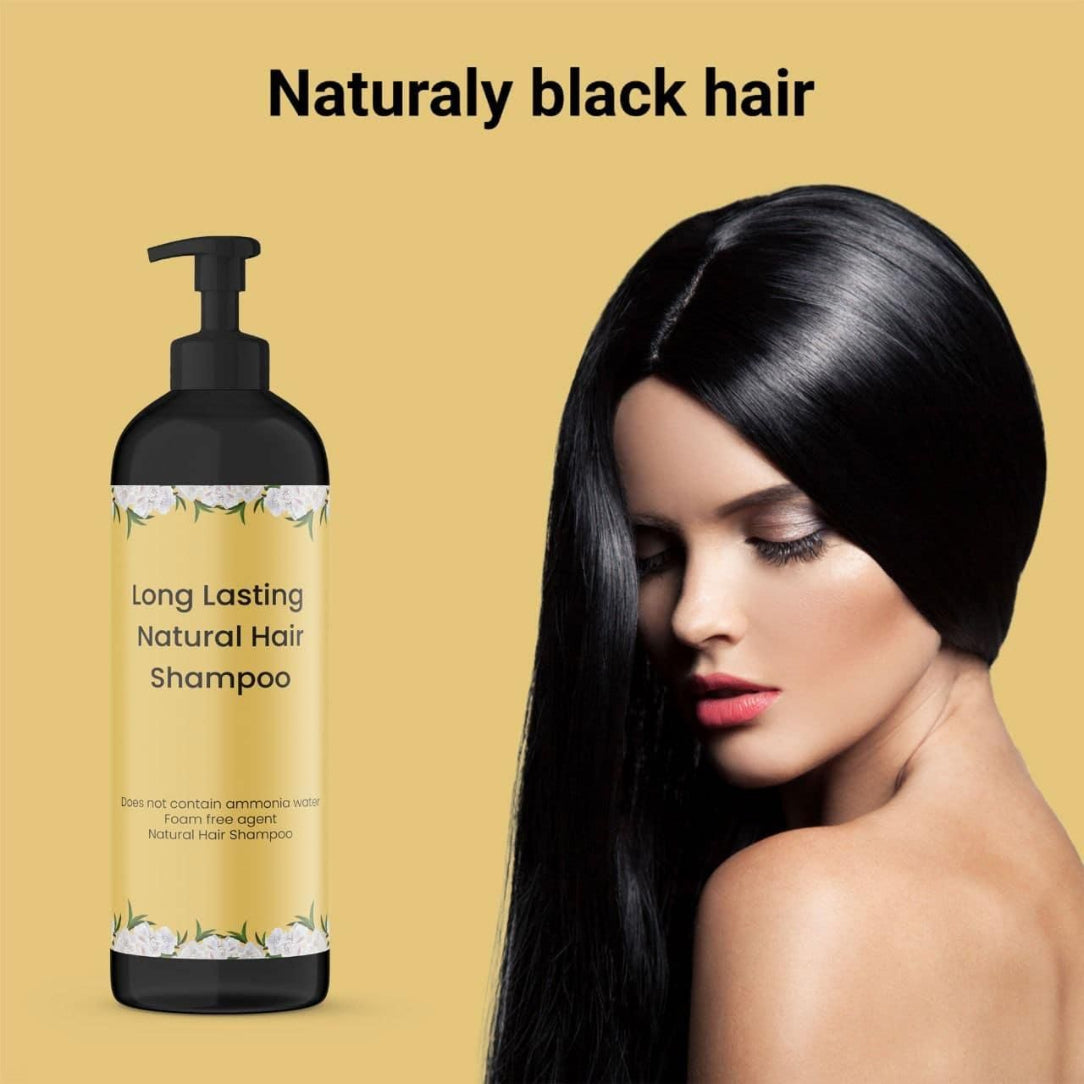 Shampoo bottle with a woman having black hair on a beige background