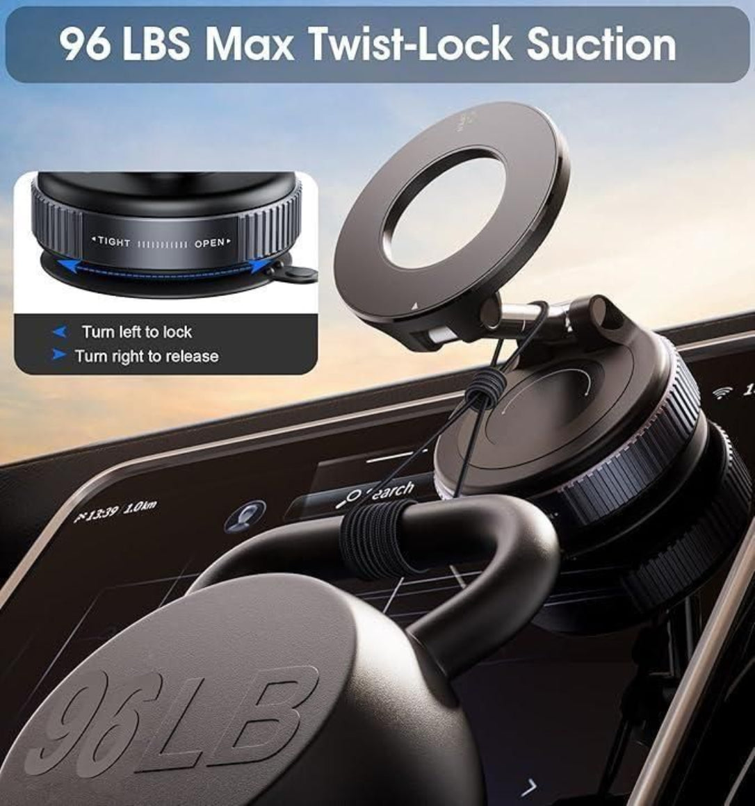 96 LBS Max Twist-Lock Suction cup with close-up details on a car window.
