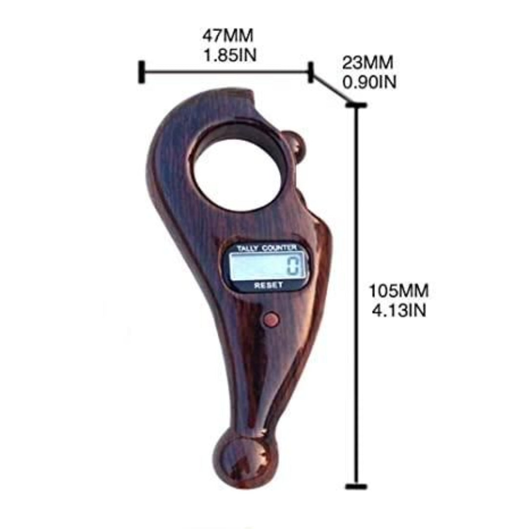 Wooden digital thickness gauge with measurements on a white background