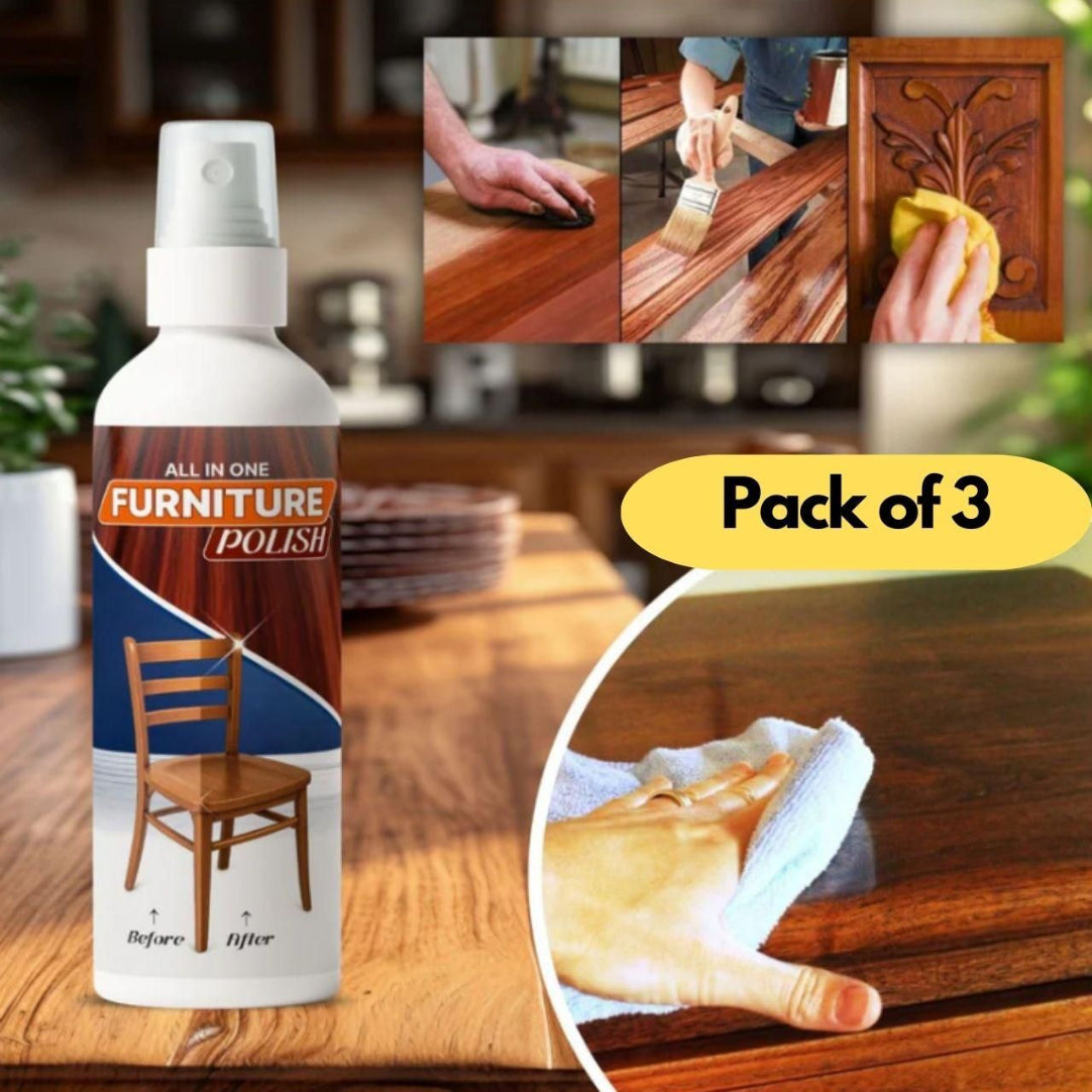 Furniture polish spray bottle with application process images on a wooden surface.