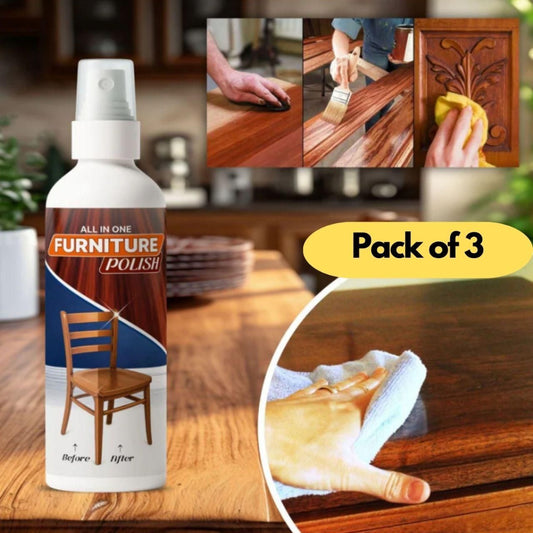 Furniture polish spray bottle with application process images on a wooden surface.
