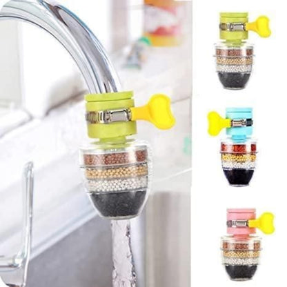 Colorful water filter attachment on a faucet with close-up views of different color options.