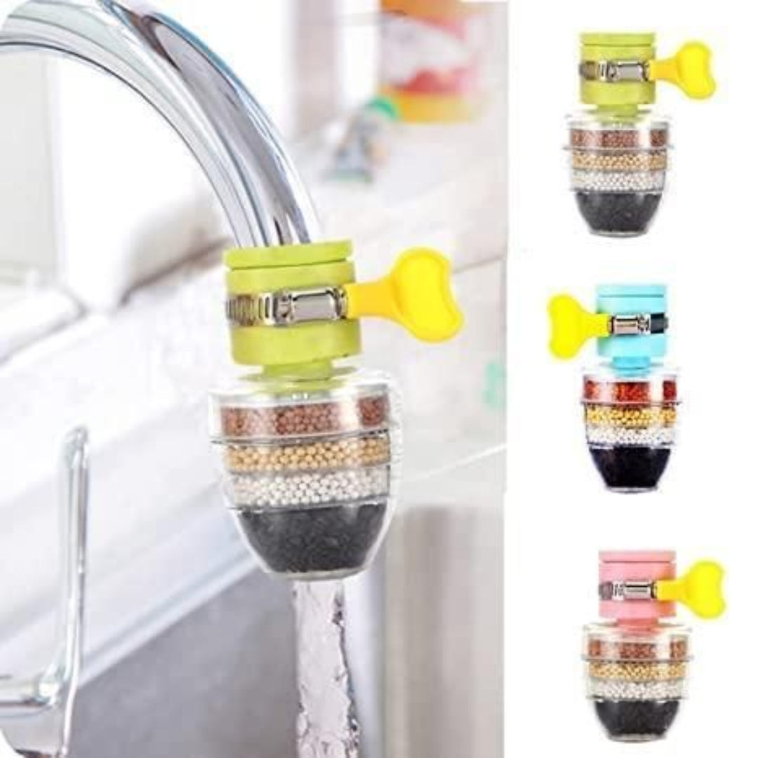 Colorful water filter attachment on a faucet with close-up views of different colored filters.