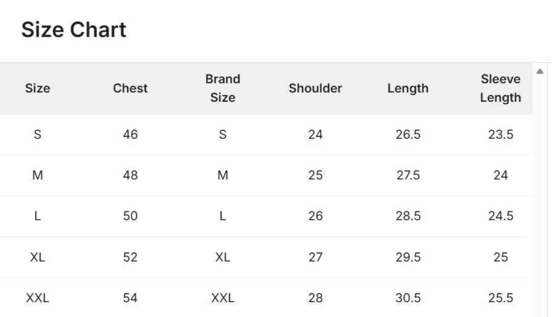 Size chart for clothing with measurements in centimeters