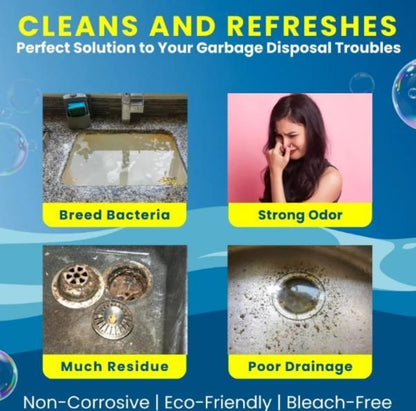Advertisement for a solution to garbage disposal issues with images of a dirty drain and text highlighting problems and benefits.