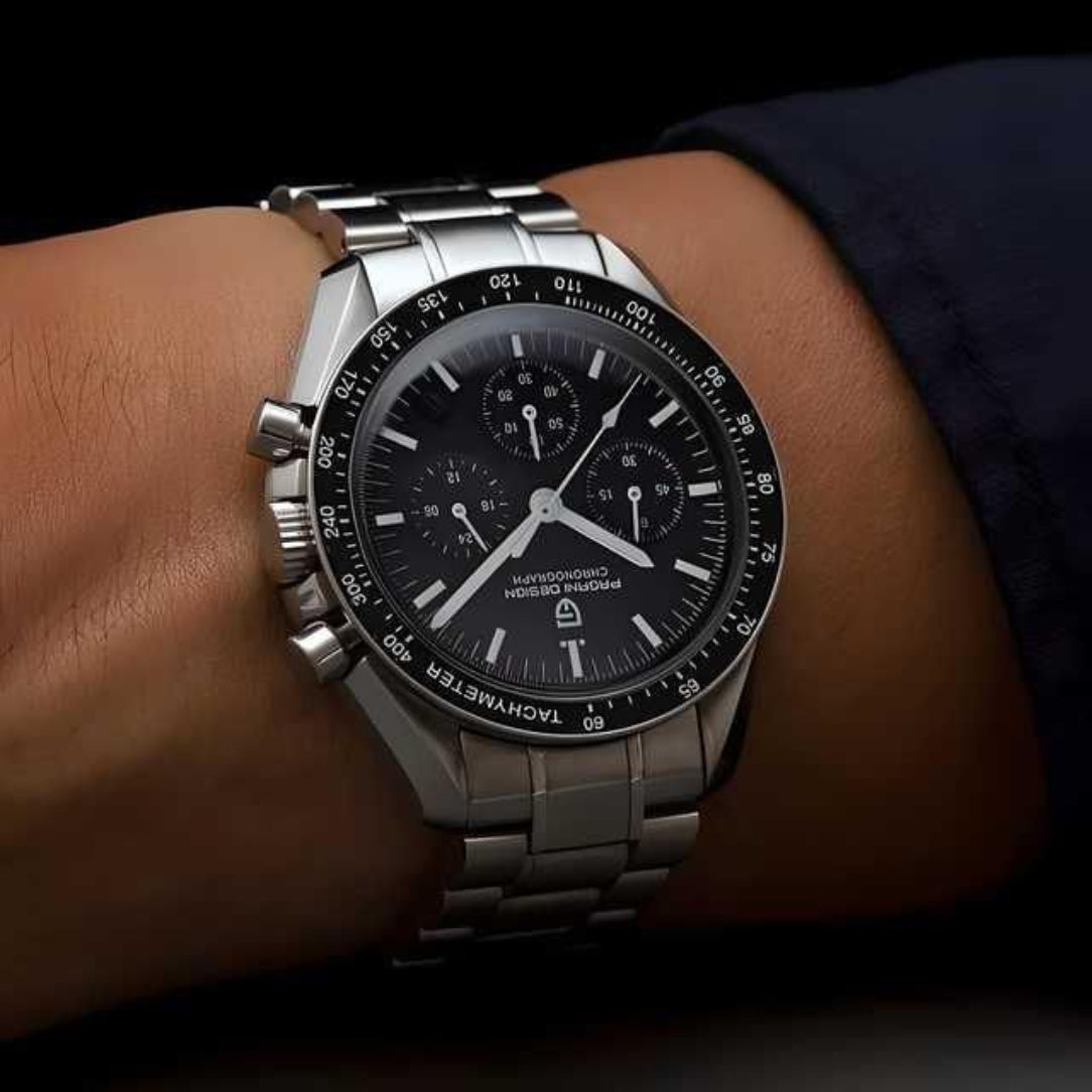 Silver watch with black dial on a wrist against a dark background