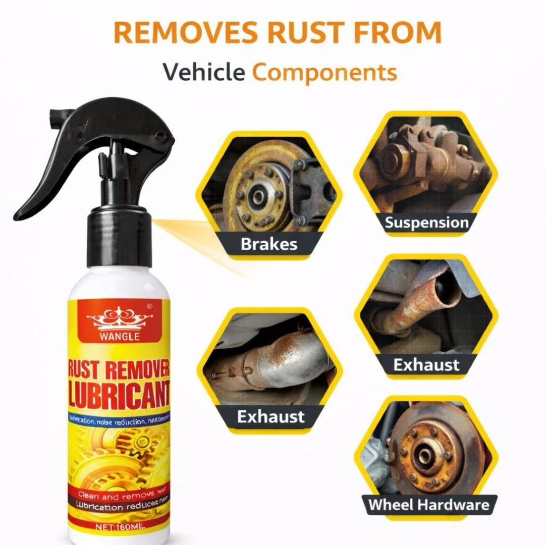 Wangle rust remover spray bottle with images of rusted vehicle components on a white background