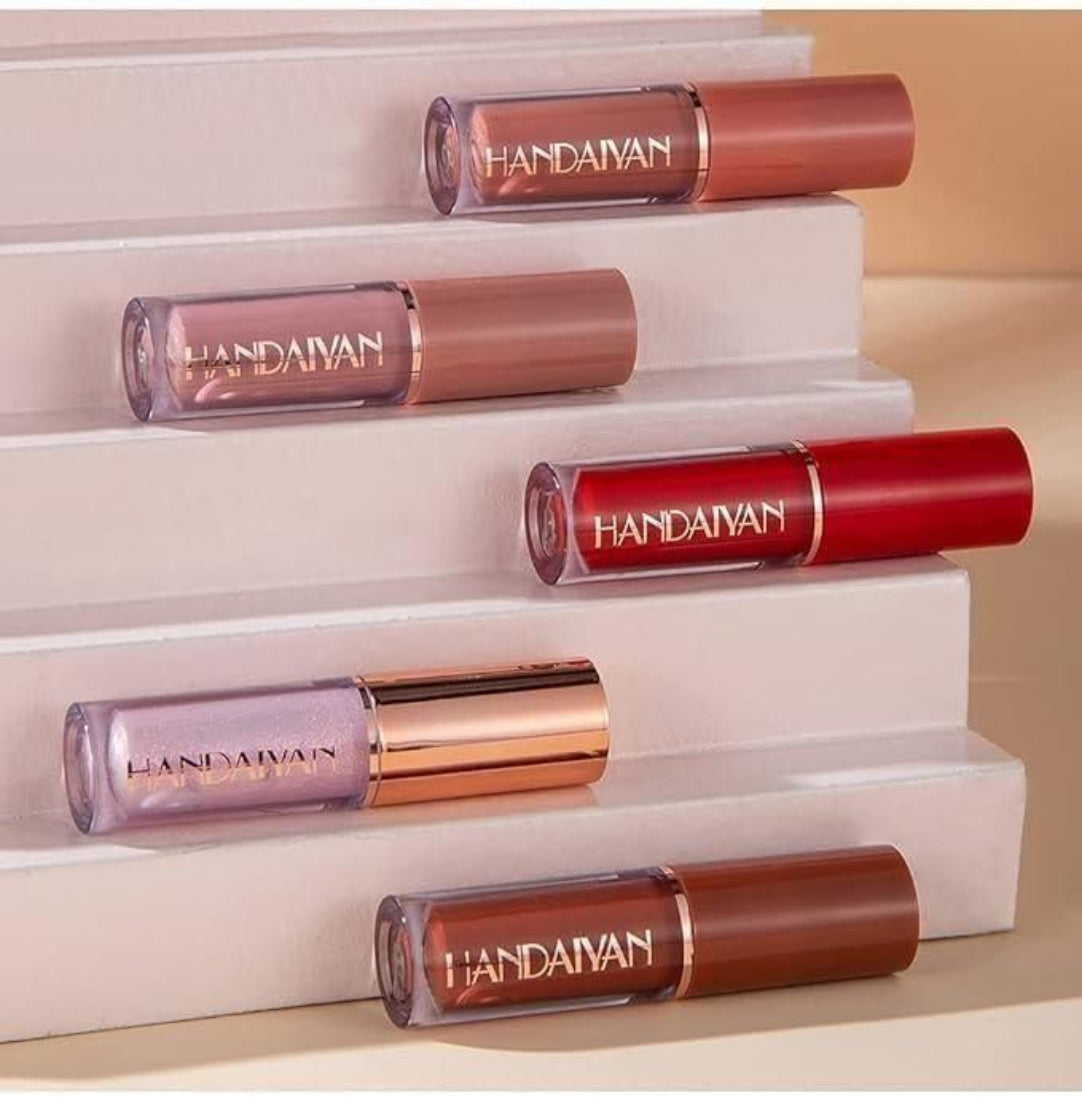 Five Handaiyan lipsticks of different colors arranged on a white surface.