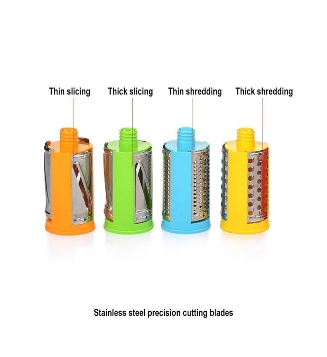 Four colorful rotary cutters with different cutting methods labeled on a white background.