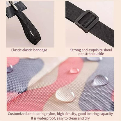 Product features including an elastic bandage, shoulder strap buckle, and waterproof material on a beige background.