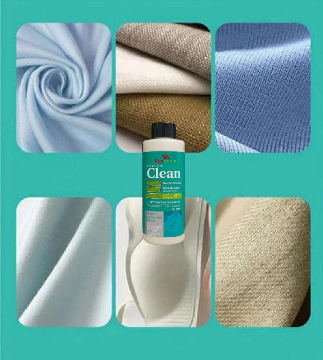 Bottle of cleaning product surrounded by fabric swatches on a teal background