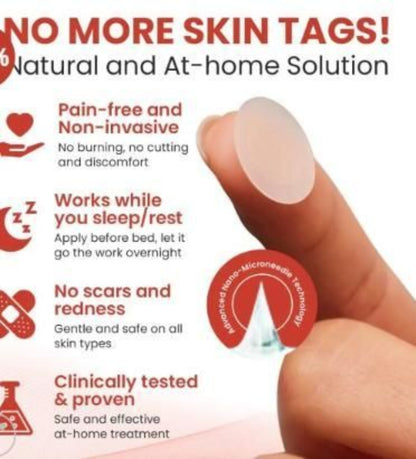 Advertisement for a natural and at-home solution for skin tags with a hand holding a product.