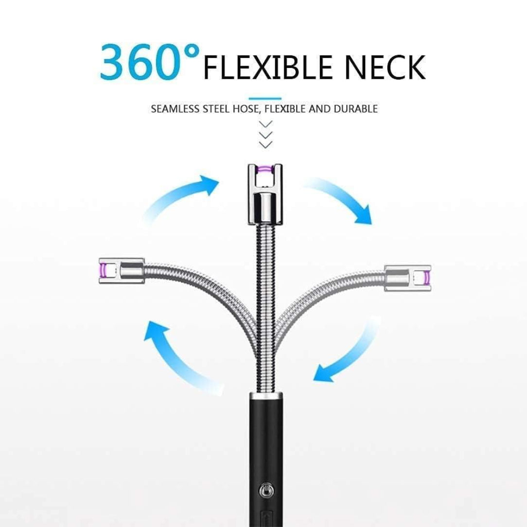 360-degree flexible neck hose with blue arrows indicating flexibility on a white background.
