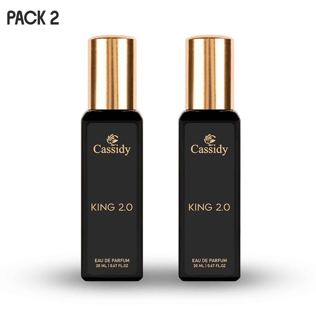 Two black bottles of CASSIDY King 2.0 eau de parfum, each with a gold-colored cap and the brand name in gold lettering.