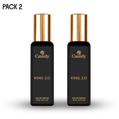 Two black bottles of CASSIDY King 2.0 eau de parfum, each with a gold-colored cap and the brand name in gold lettering.
