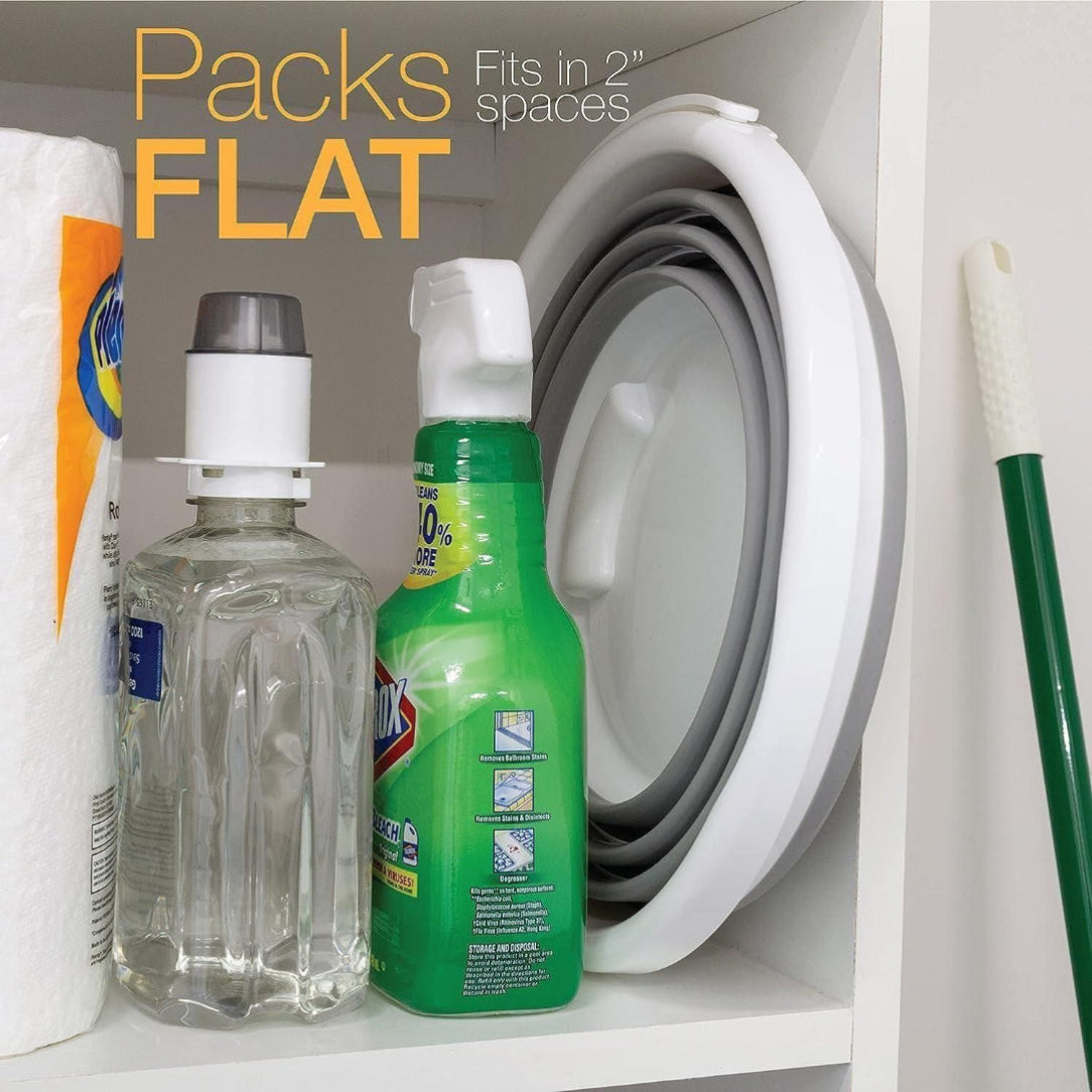 Bottles and cleaning supplies in a cabinet with text 'Packs FLAT Fits in 2" spaces'.
