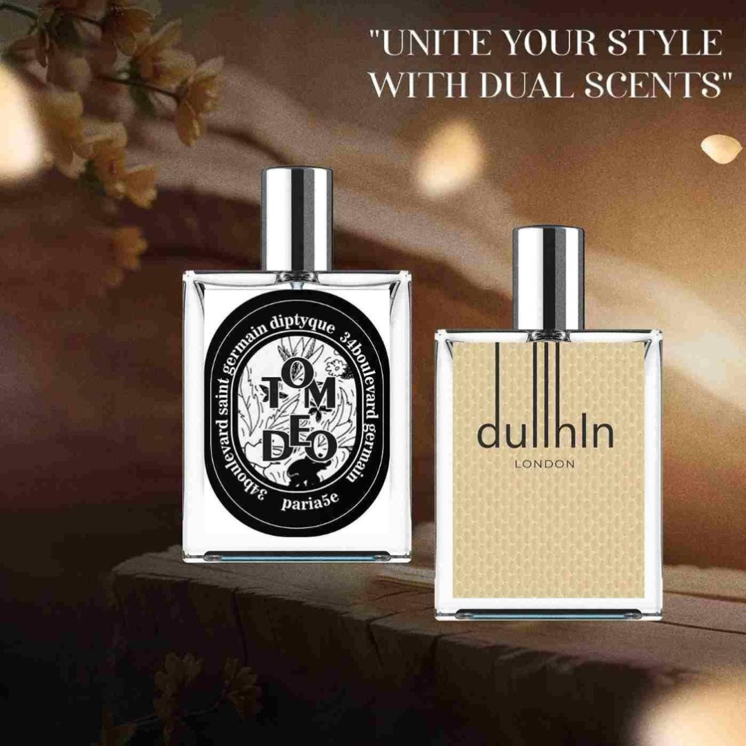 Two perfume bottles with visible brand names on a blurred background with text 'Unite Your Style with Dual Scents'.