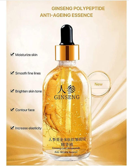 Ginseng polypeptide anti-ageing essence bottle with dropper on a beige background
