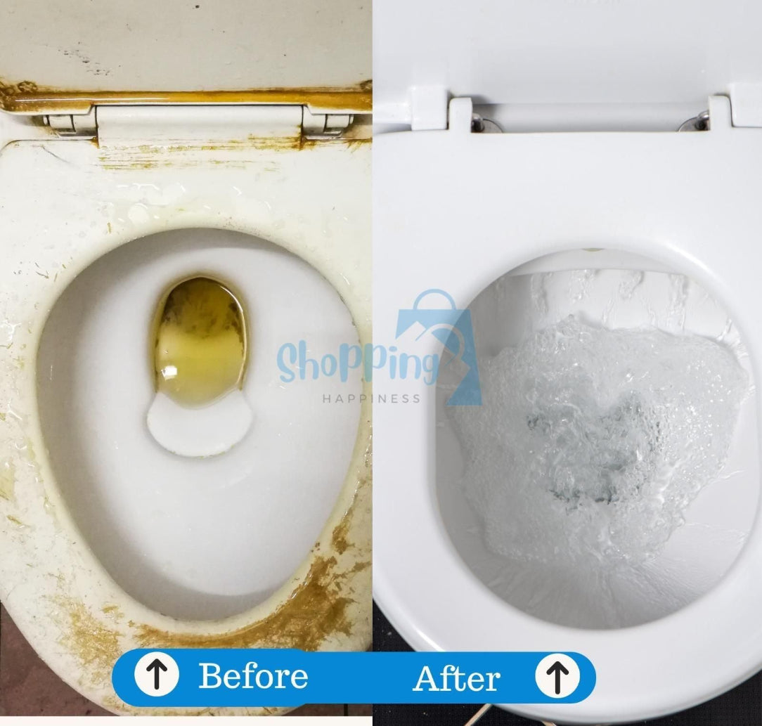 Before and after comparison of a toilet bowl with visible rust and stains on the left, and a clean toilet bowl on the right.