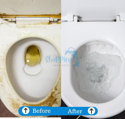Before and after comparison of a toilet bowl with visible rust and stains on the left, and a clean toilet bowl on the right.
