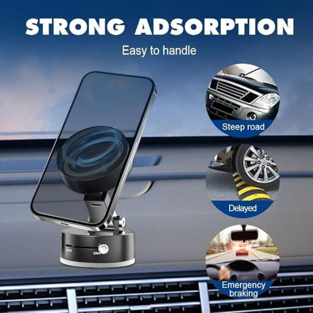 Phone holder with strong adsorption feature on a car dashboard, showing scenarios like steep roads and emergency braking.