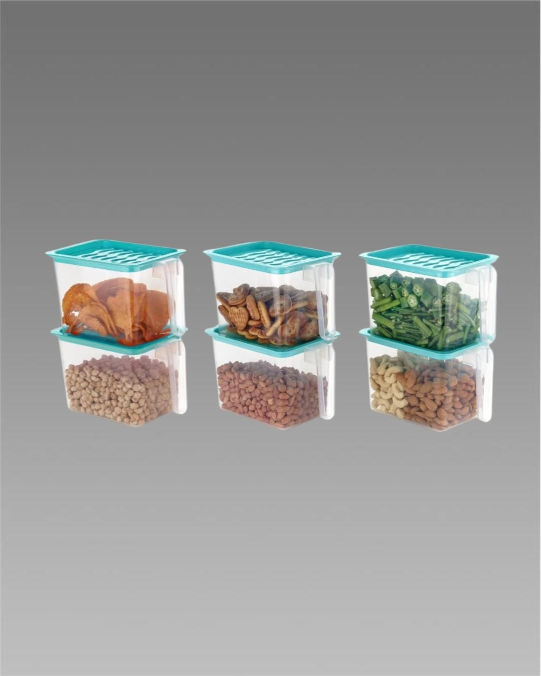 Set of four food storage containers with lids on a gray background