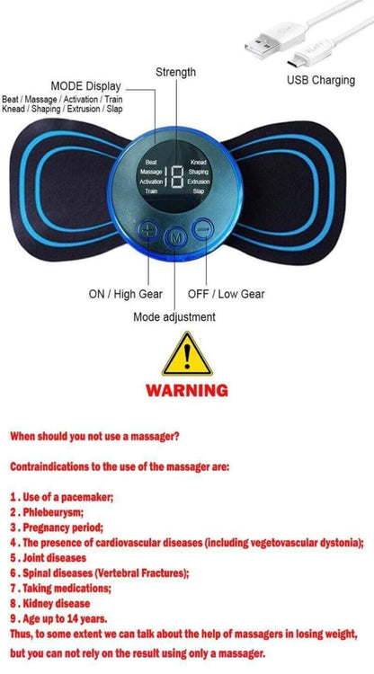 Control panel of a massage device with USB charging cable and warning label.