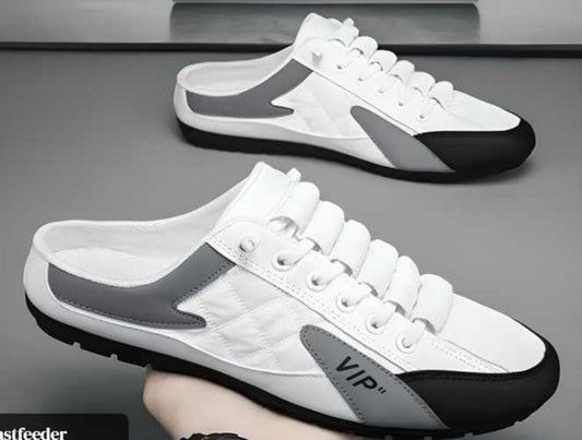 A pair of men's white casual half shoes with lace-up closure. The shoes have black and gray detailing and appear to be made of synthetic material with an Airmix sole.
