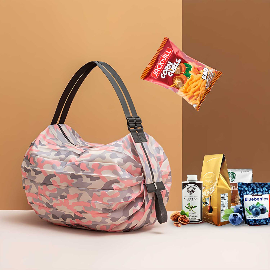 Camouflage-patterned handbag with snacks and health products on a beige background