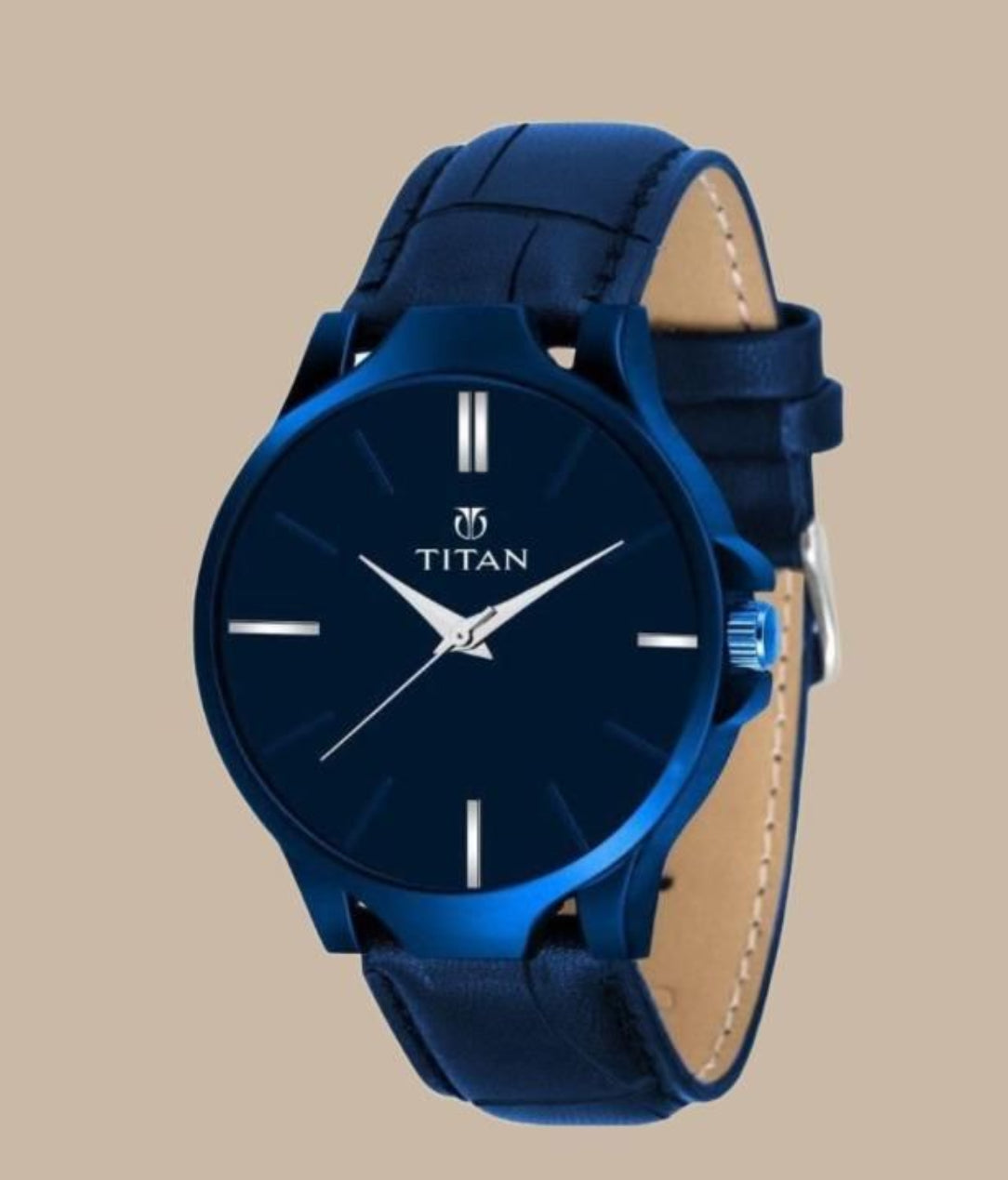 Blue Titan watch with a beige background